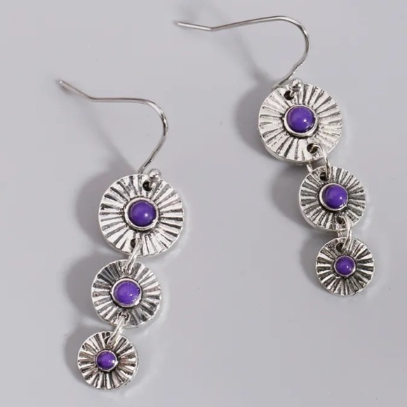925 Sterling Silver Plated Purple Synthetic Gemstone Boho Dangle Earrings - Picture 3 of 5